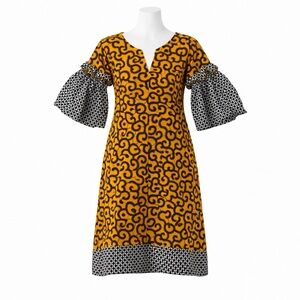 Size L Handmade Women’s Yellow African Print Puff Sleeve V Neck Dress